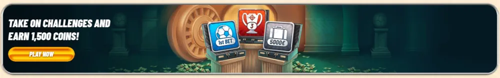Banner de desafíos de juego Vegasino y recompensas de moneda de lealtad